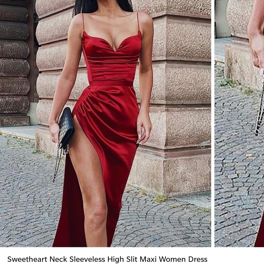 ❌SOLD❌Red Satin high slit dress
